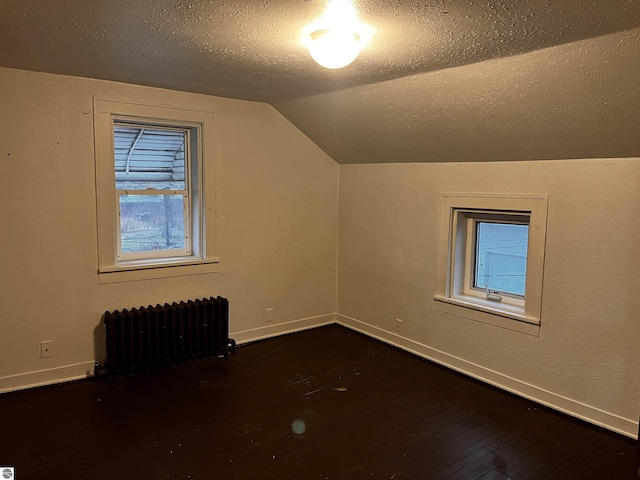 additional living space featuring a textured ceiling, lofted ceiling, dark wood-type flooring, and radiator