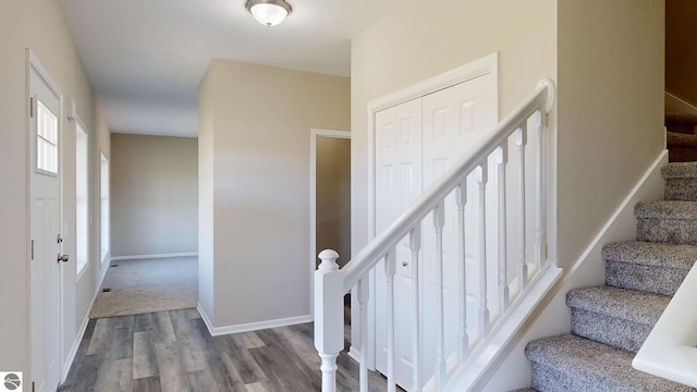 stairs with hardwood / wood-style flooring