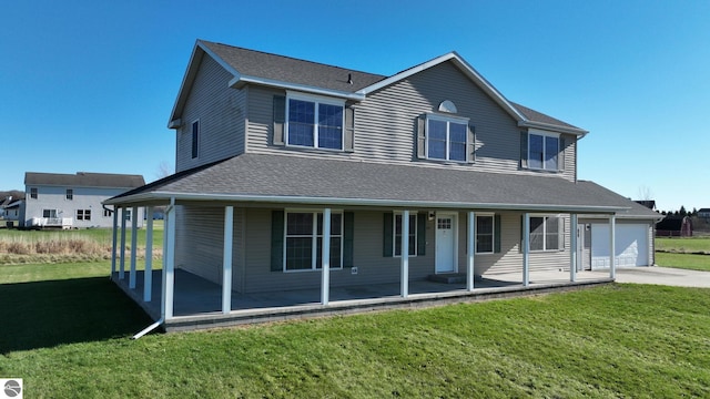 view of front of property featuring a garage, covered porch, and a front yard