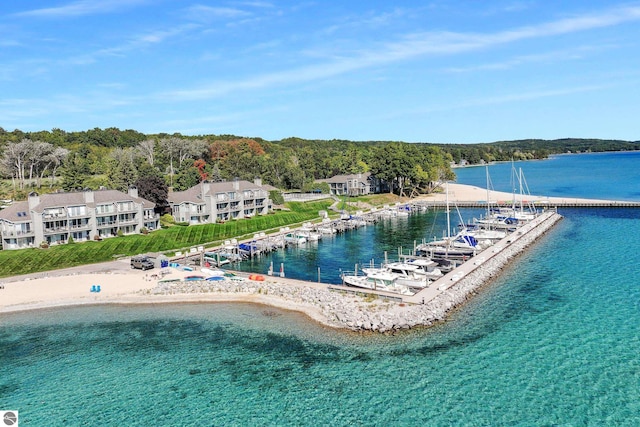 bird's eye view with a view of the beach and a water view