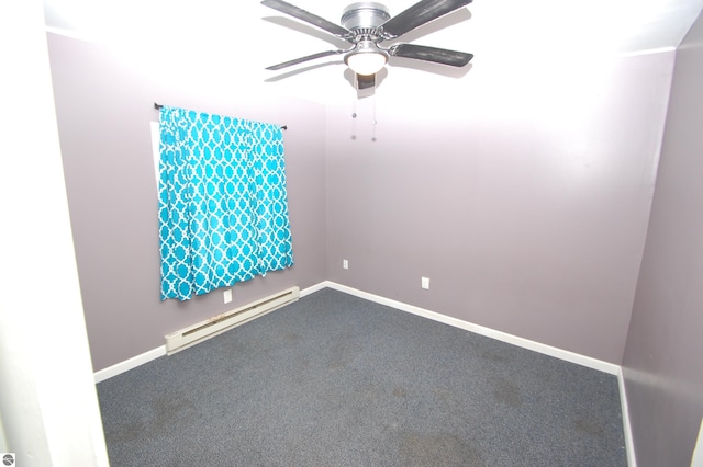 spare room with carpet, ceiling fan, and a baseboard radiator