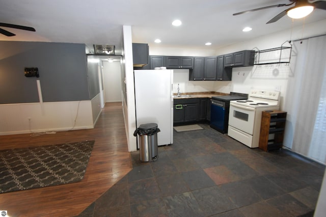 kitchen featuring white appliances, gray cabinets, ceiling fan, and sink