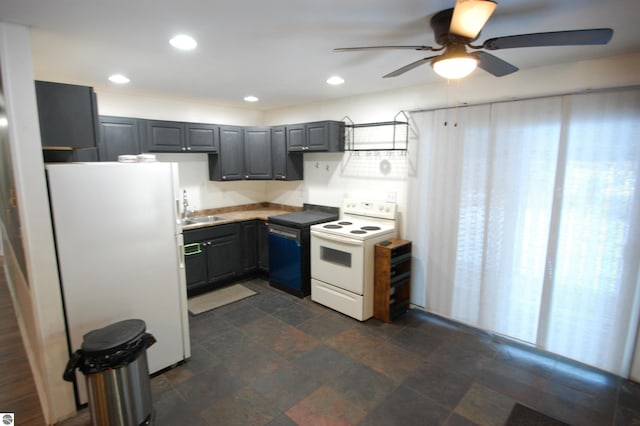 kitchen with gray cabinetry, ceiling fan, white appliances, and sink