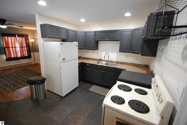 kitchen featuring white appliances, a baseboard heating unit, sink, ceiling fan, and gray cabinets