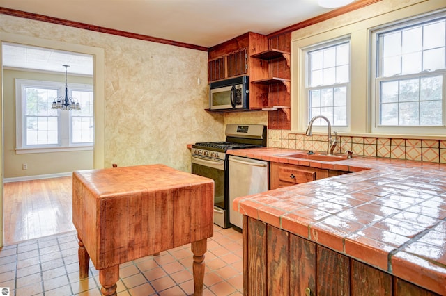 kitchen featuring sink, crown molding, an inviting chandelier, hanging light fixtures, and appliances with stainless steel finishes