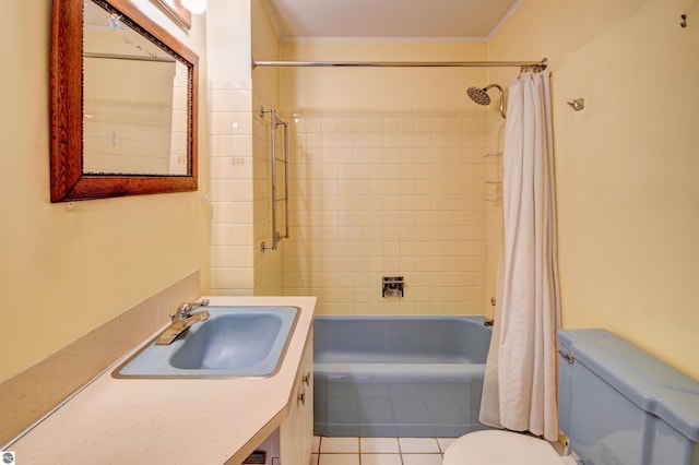 full bathroom with toilet, vanity, tile patterned flooring, crown molding, and shower / bath combination with curtain