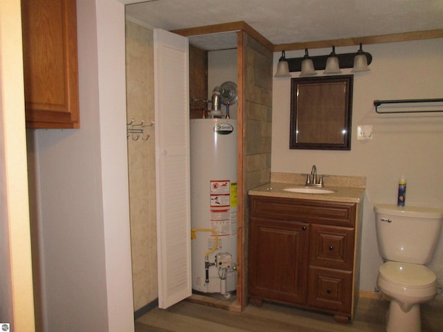 bathroom with hardwood / wood-style flooring, vanity, toilet, and gas water heater