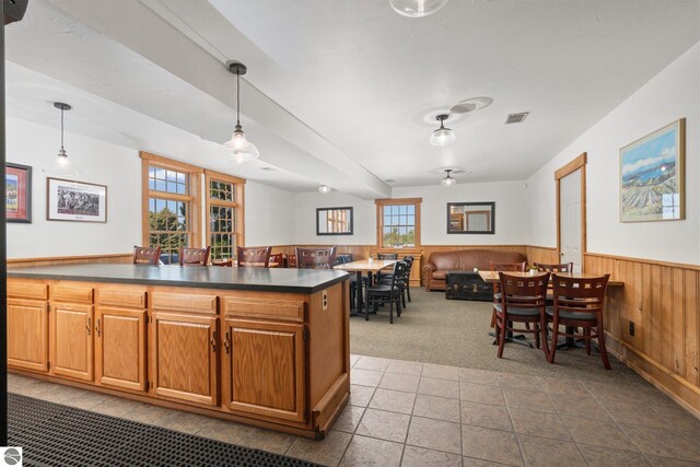 10343 E Hilltop Rd, Suttons Bay, MI 49682 - kitchen with light carpet, decorative light fixtures, a wealth of natural light, and wooden walls