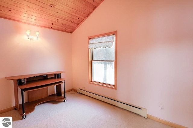 misc room featuring carpet, a baseboard radiator, vaulted ceiling, and wooden ceiling