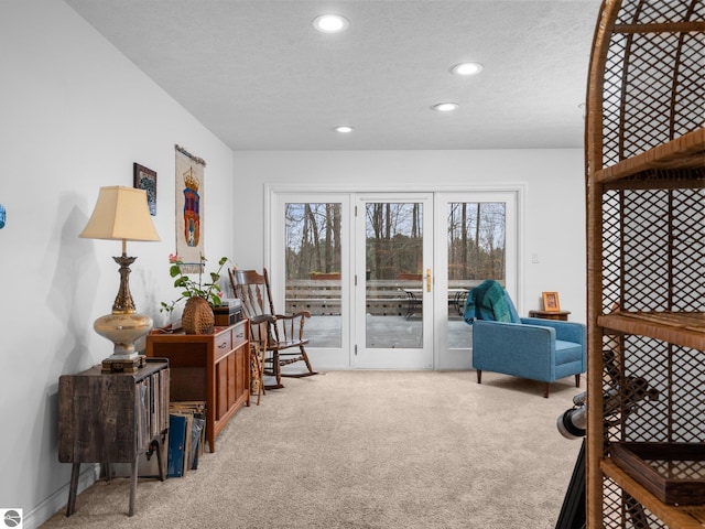 living area featuring a textured ceiling and carpet floors