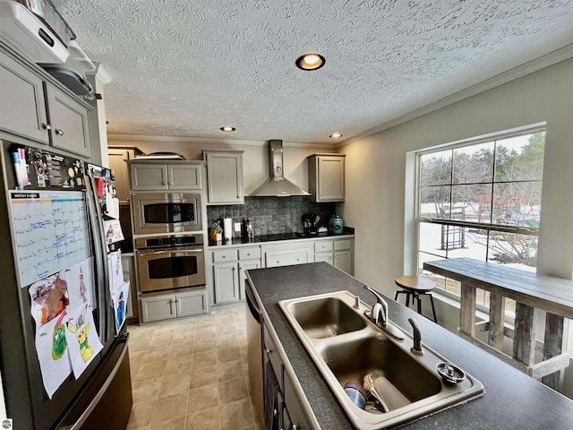 kitchen with gray cabinetry, sink, wall chimney exhaust hood, and appliances with stainless steel finishes