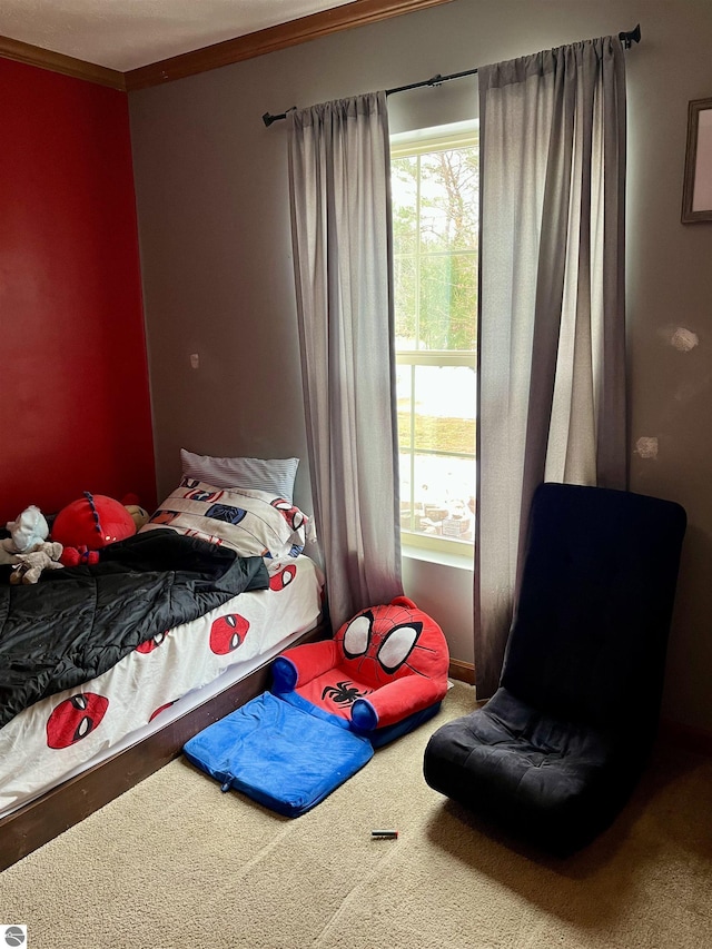 carpeted bedroom featuring ornamental molding