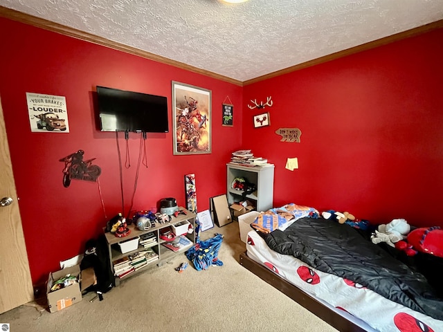 bedroom with carpet flooring, a textured ceiling, and crown molding