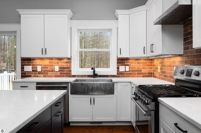 kitchen featuring light stone countertops, sink, wall chimney exhaust hood, stainless steel appliances, and white cabinets