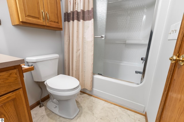 full bathroom with vanity, shower / bath combo, and toilet