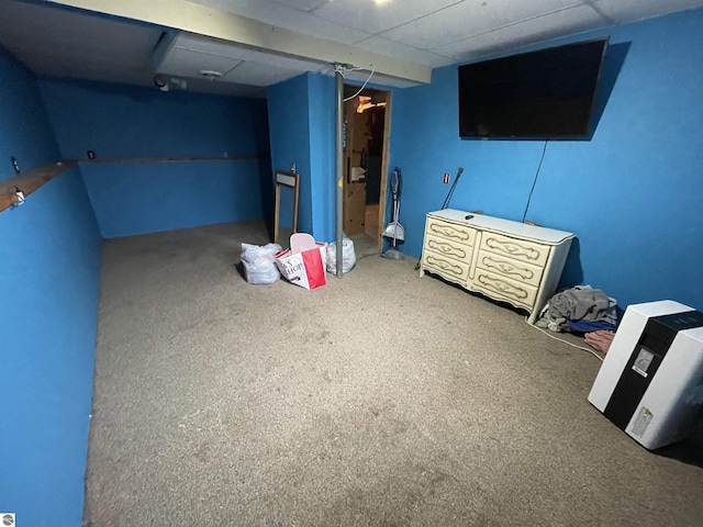 basement featuring a paneled ceiling and carpet floors