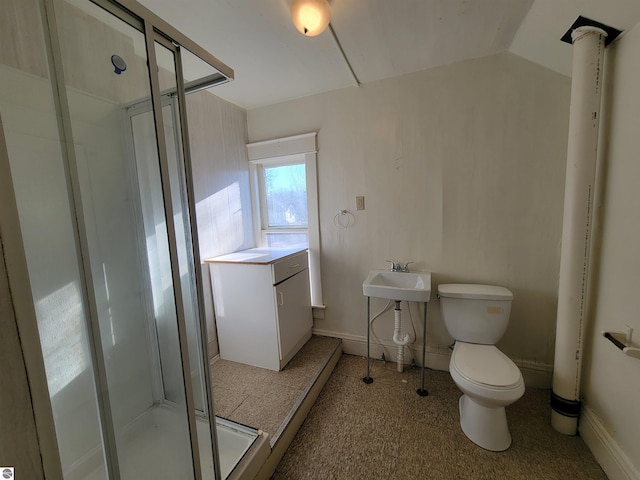 600 S Franklin St, Mount Pleasant, MI 48858 - bathroom with toilet, an enclosed shower, vanity, and vaulted ceiling