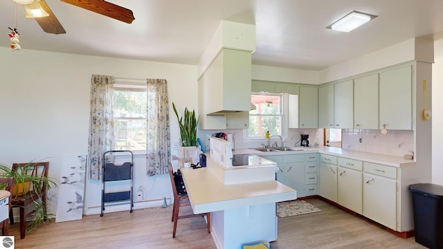 kitchen with light wood-type flooring, backsplash, ceiling fan, sink, and white cabinets