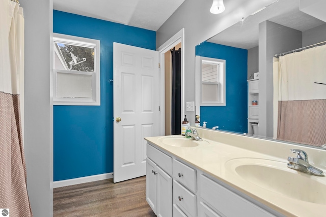 bathroom featuring hardwood / wood-style floors and vanity