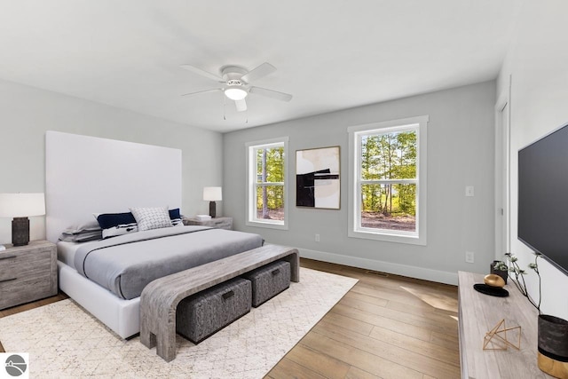 bedroom with ceiling fan and light wood-type flooring