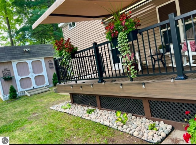 deck featuring a storage shed