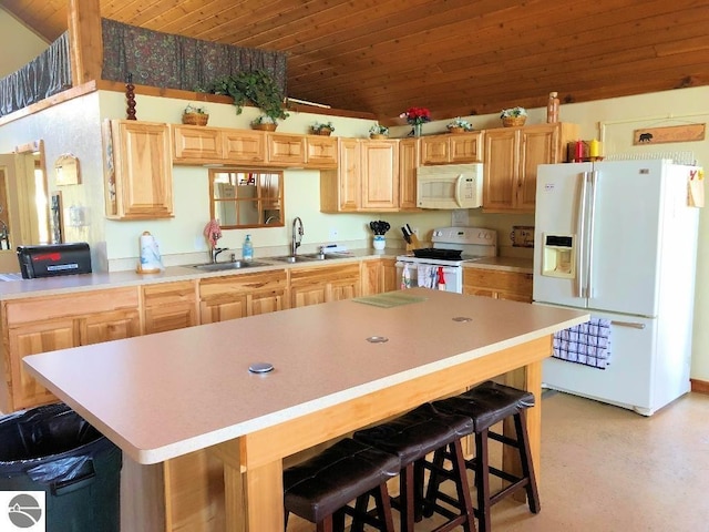 kitchen featuring white appliances, wood ceiling, a breakfast bar area, and sink