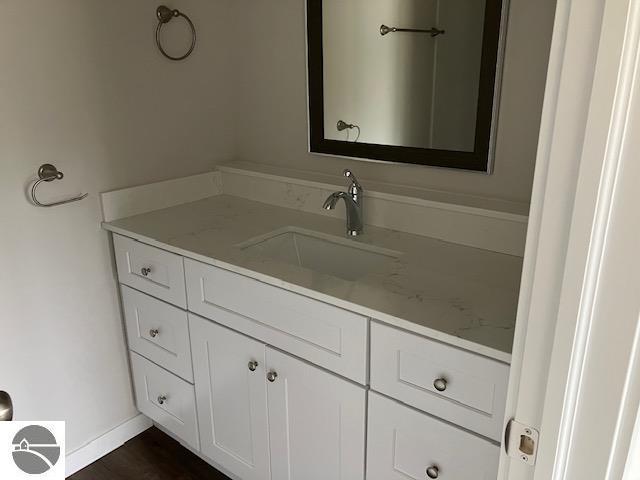 bathroom with wood-type flooring and vanity