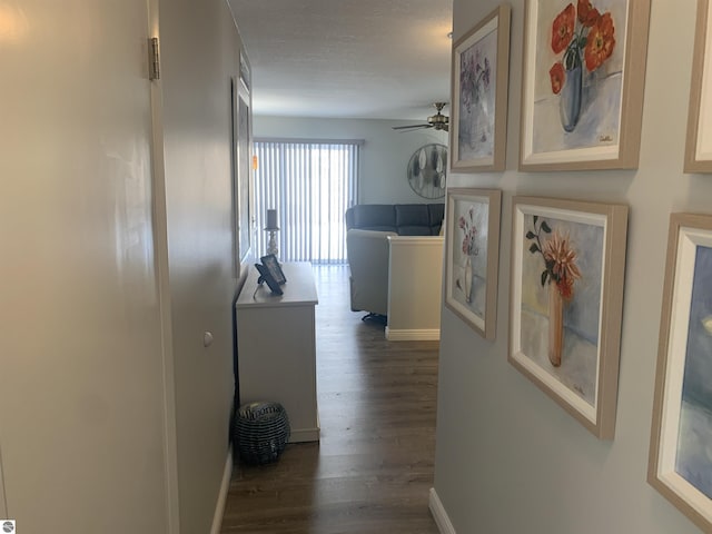 hallway with a textured ceiling, baseboards, and dark wood-style flooring