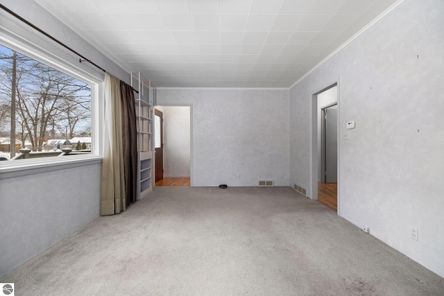 carpeted spare room with ornamental molding