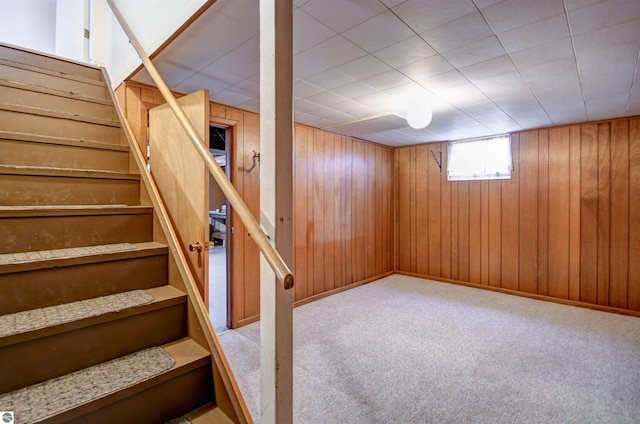 basement with wood walls and light colored carpet