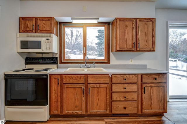 kitchen featuring plenty of natural light, white appliances, and sink