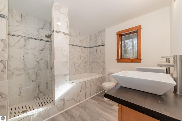 bathroom with toilet, wood-type flooring, and vanity