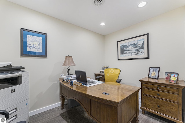 office area featuring dark wood-type flooring