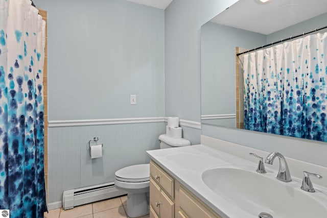 bathroom featuring curtained shower, baseboard heating, tile patterned flooring, toilet, and vanity