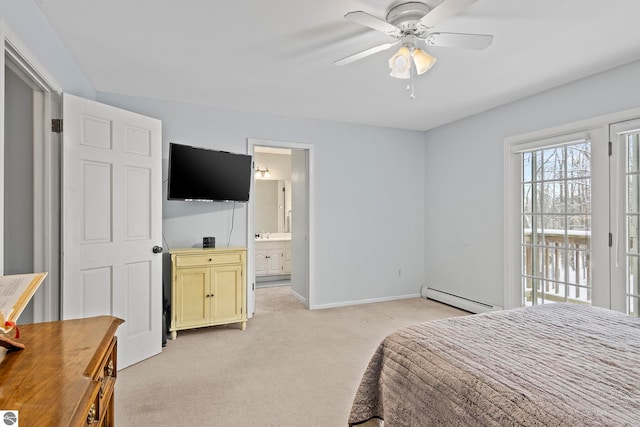 bedroom with access to outside, light colored carpet, ceiling fan, a baseboard heating unit, and connected bathroom