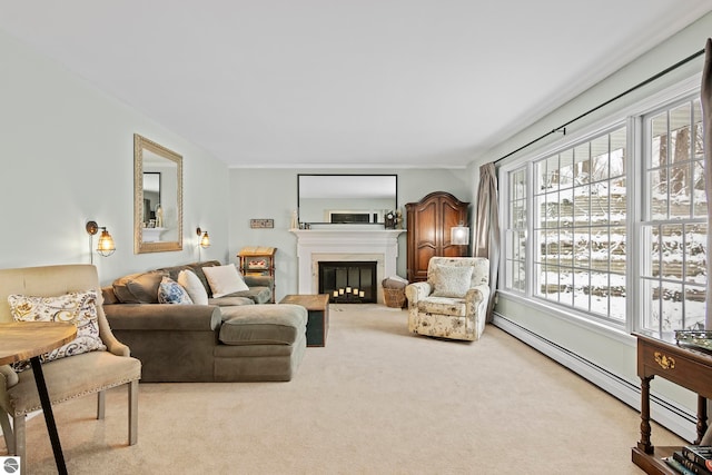 carpeted living room featuring a baseboard heating unit