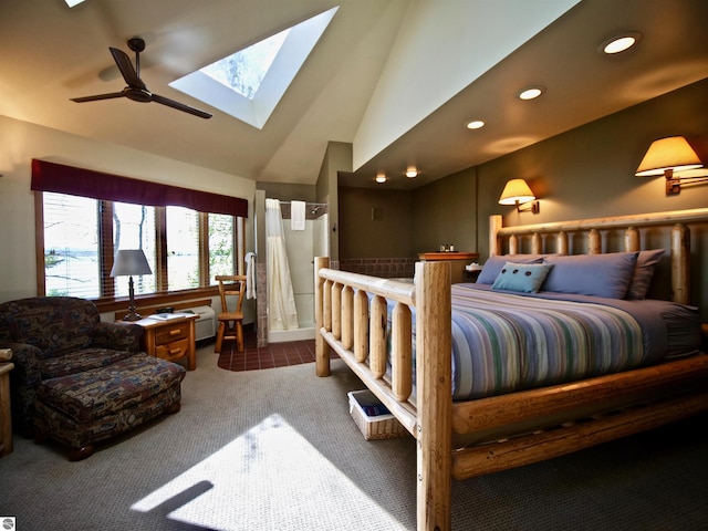 bedroom featuring carpet flooring, ceiling fan, and lofted ceiling