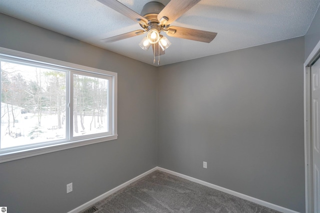 empty room featuring ceiling fan, carpet, and a textured ceiling