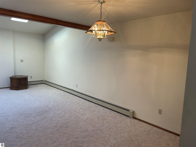 unfurnished room with beamed ceiling, light colored carpet, and a baseboard heating unit