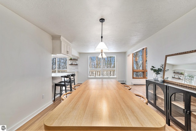 dining room featuring light wood-type flooring, a textured ceiling, and a baseboard heating unit