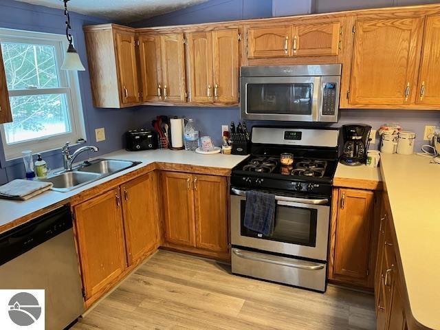 kitchen with appliances with stainless steel finishes, light wood-type flooring, hanging light fixtures, and sink