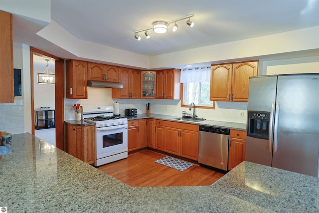 kitchen featuring backsplash, light stone counters, stainless steel appliances, sink, and light hardwood / wood-style floors