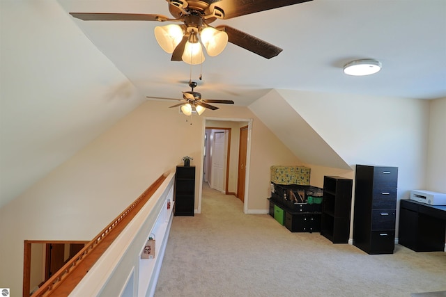 bonus room with ceiling fan, light colored carpet, and lofted ceiling