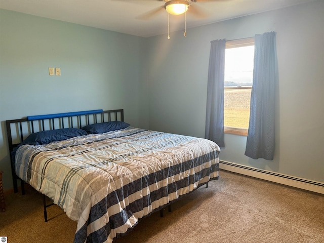 bedroom with ceiling fan, carpet floors, and a baseboard radiator