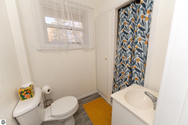 bathroom with vanity, toilet, and wood-type flooring