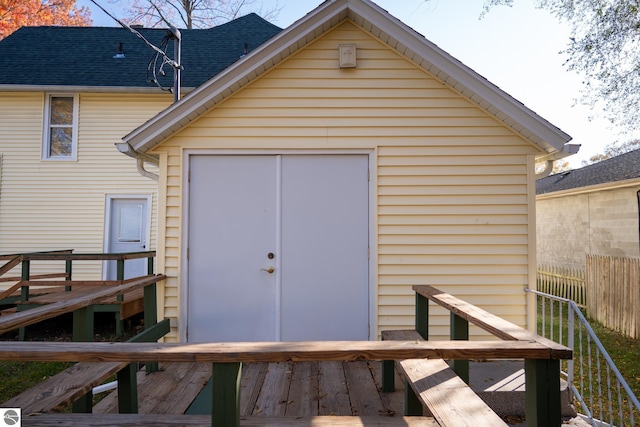 exterior space with a storage shed