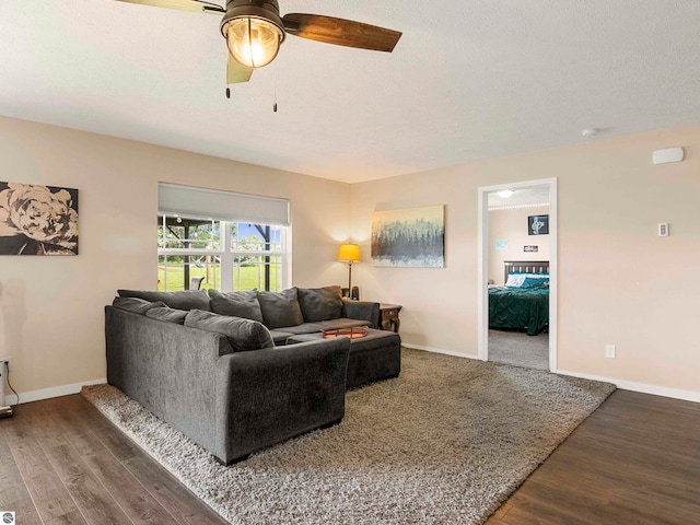 living room with ceiling fan and wood-type flooring