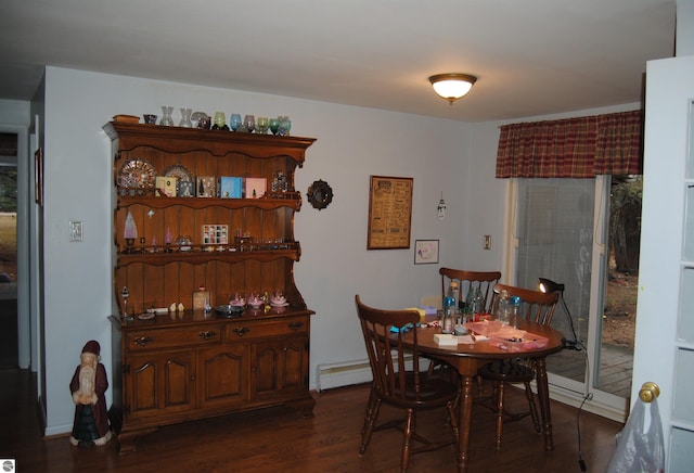 dining room with dark hardwood / wood-style floors and baseboard heating