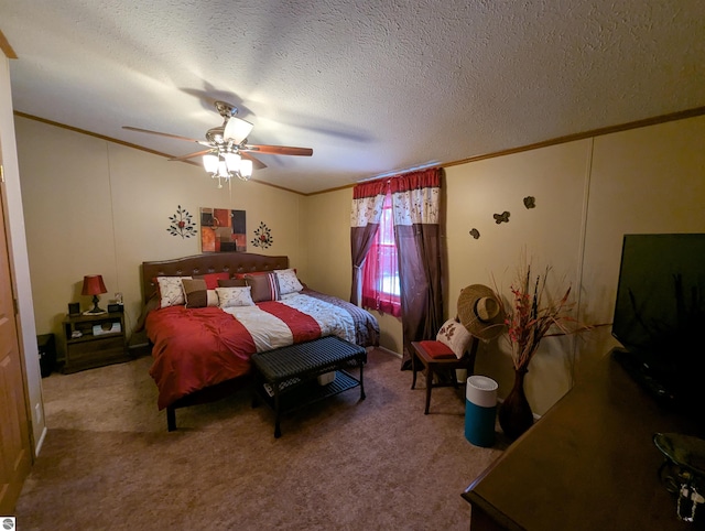 carpeted bedroom with lofted ceiling, ceiling fan, crown molding, and a textured ceiling