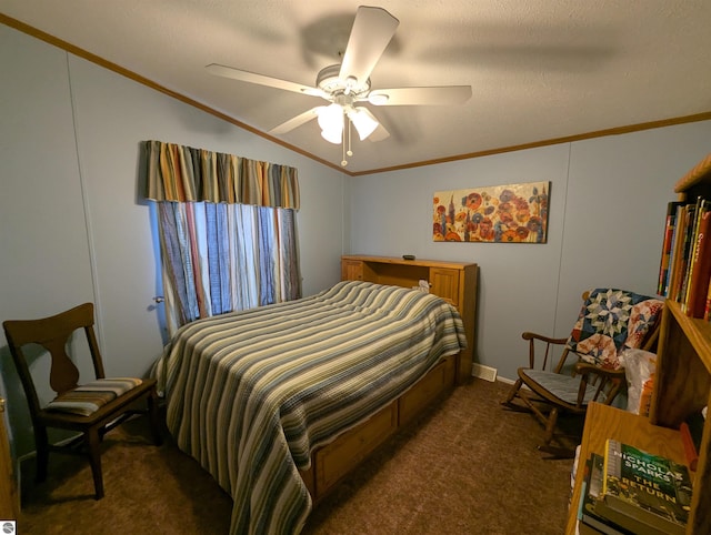 carpeted bedroom featuring ceiling fan, crown molding, and a textured ceiling